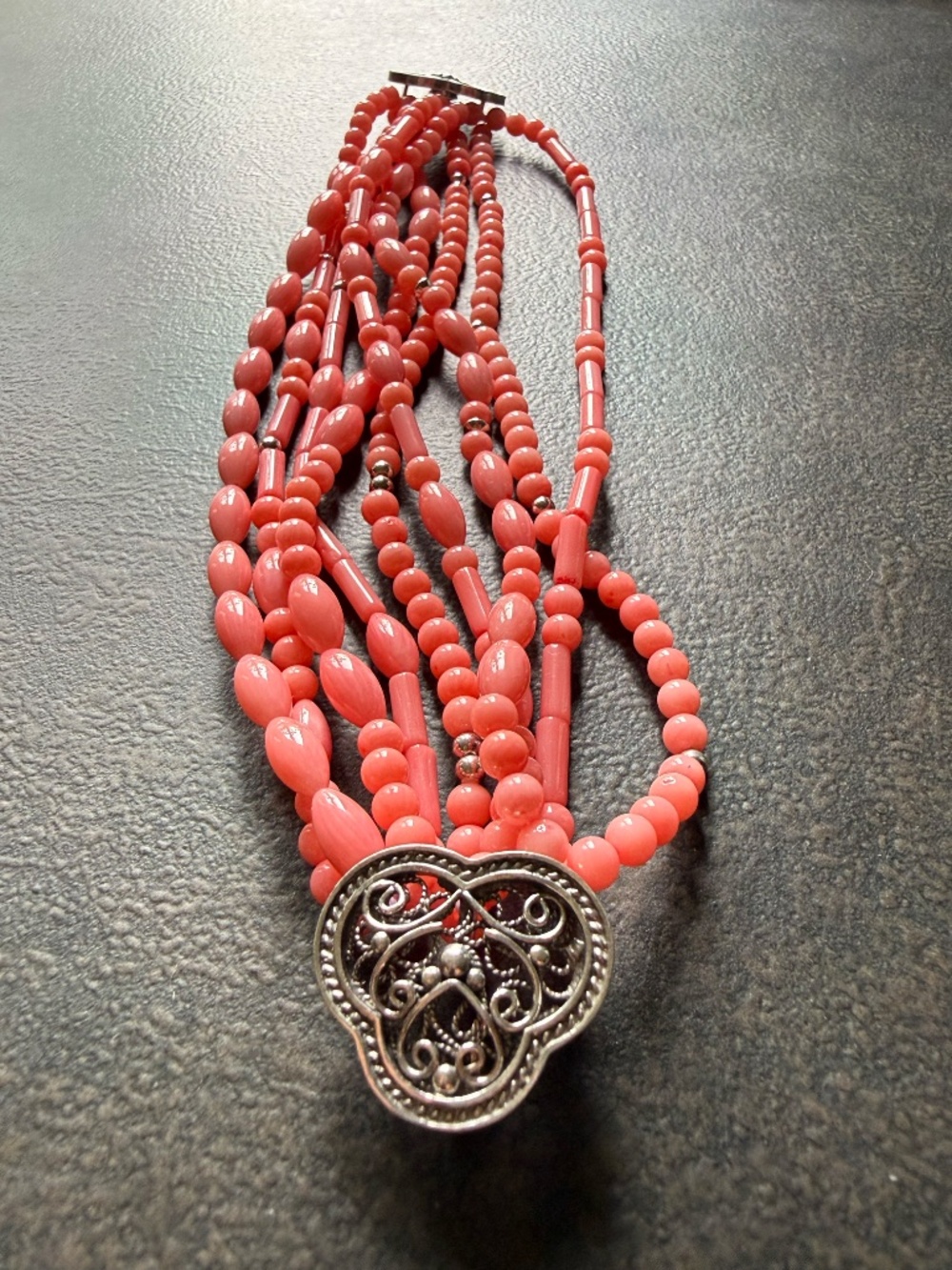 QVC Salmon Pink Beaded Multi Strand Bracelet With Silver Filigree Hook and  Loop - Picture 4 of 5